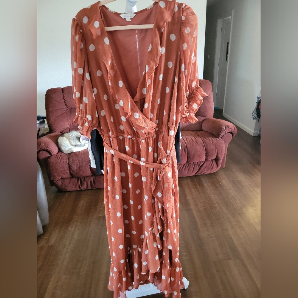 LC Lauren Conrad Terracotta Polka Dot Long Sleeve Dress